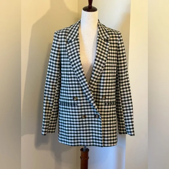 NWT Sézane Chelsea Blazer Dark Green (almost black) & Ecru Gingham Linen SZ 4 - Picture 2 of 11